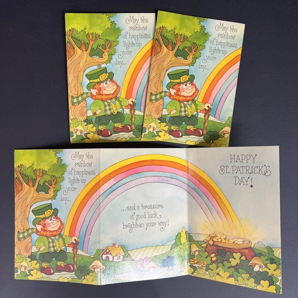 VTG St Patrick's Day Greeting Cards Set 3 Unused Rainbow Leprechaun Mary Grace